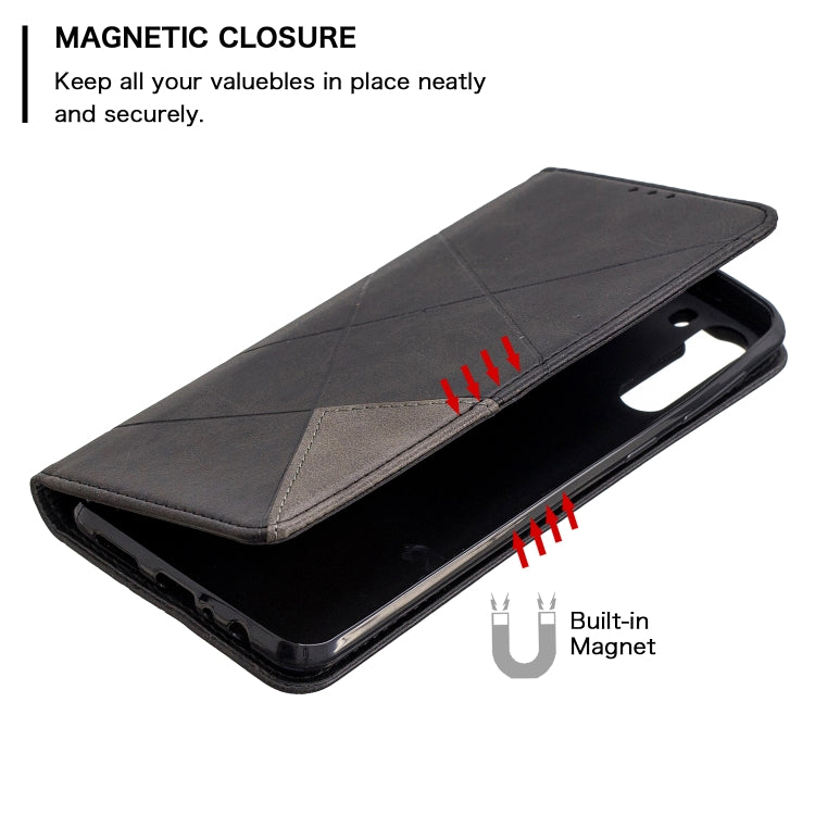 For Galaxy A21 Rhombus Texture Horizontal Flip Magnetic Leather Case with Holder & Card Slots & Wallet