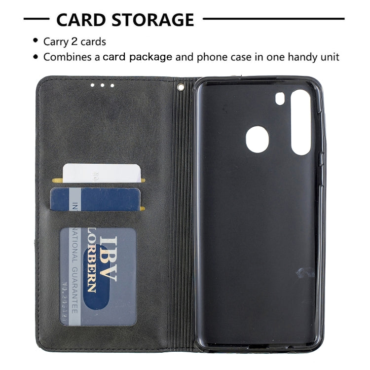 For Galaxy A21 Rhombus Texture Horizontal Flip Magnetic Leather Case with Holder & Card Slots & Wallet