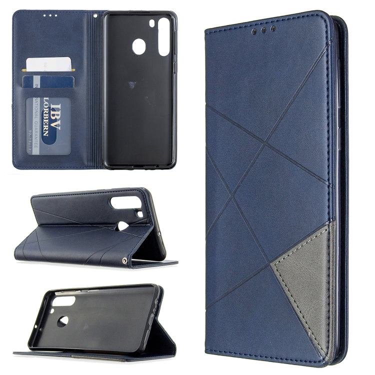 For Galaxy A21 Rhombus Texture Horizontal Flip Magnetic Leather Case with Holder & Card Slots & Wallet