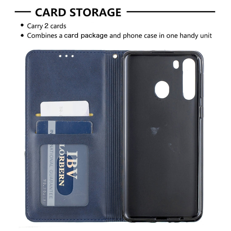 For Galaxy A21 Rhombus Texture Horizontal Flip Magnetic Leather Case with Holder & Card Slots & Wallet