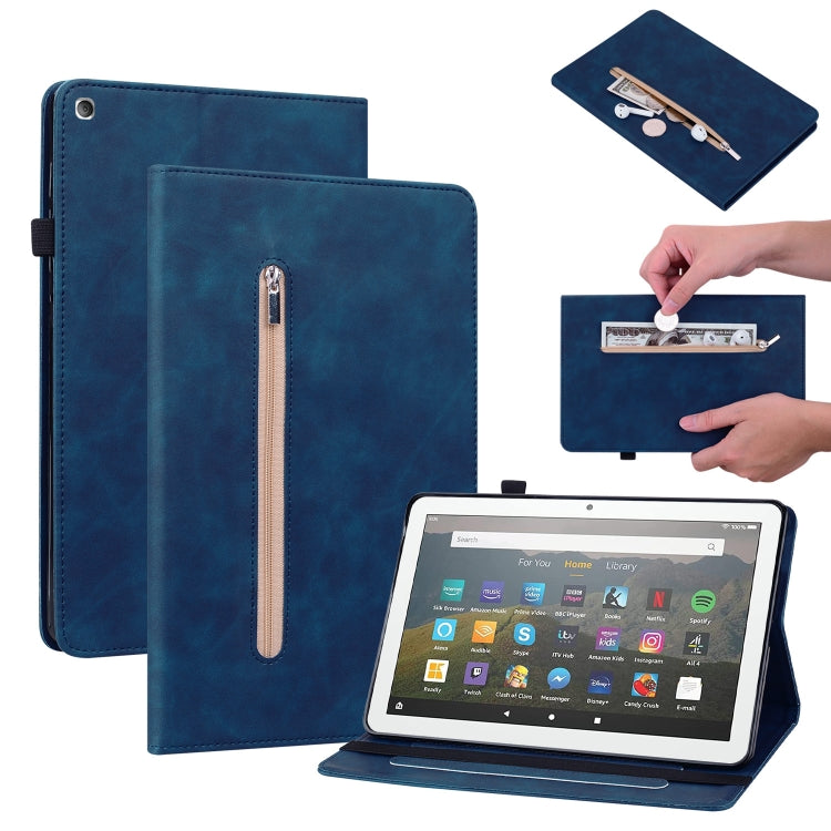 For Amazon Kindle Fire HD 8 Skin Feel Solid Color Zipper Leather Tablet Case