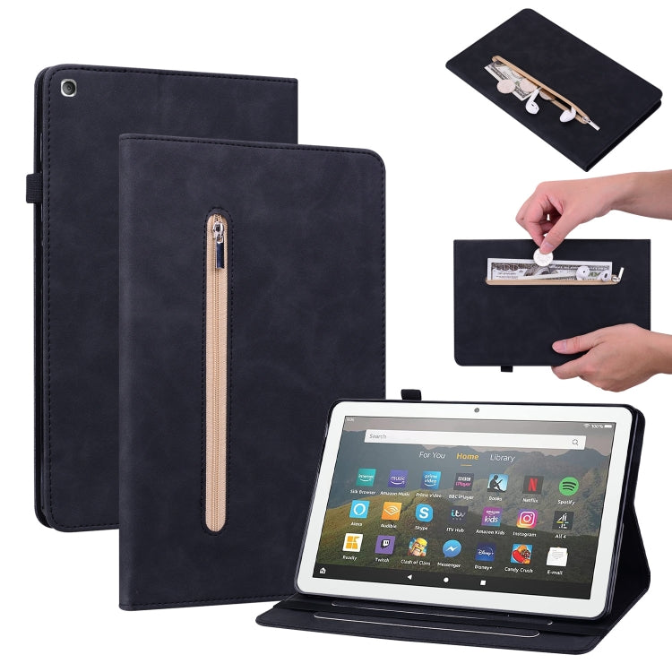 For Amazon Kindle Fire HD 8 Skin Feel Solid Color Zipper Leather Tablet Case