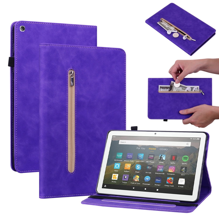 For Amazon Kindle Fire HD 8 Skin Feel Solid Color Zipper Leather Tablet Case