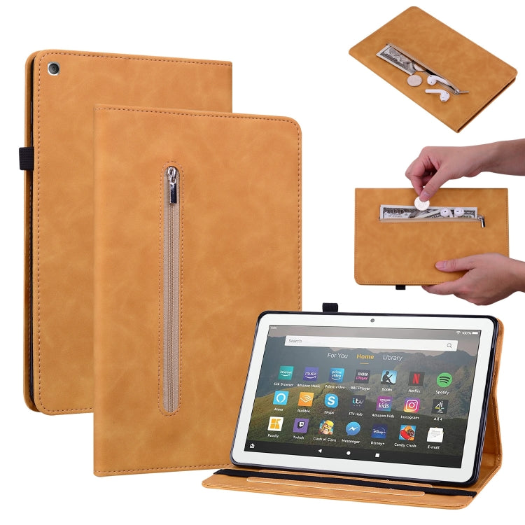 For Amazon Kindle Fire HD 8 Skin Feel Solid Color Zipper Leather Tablet Case