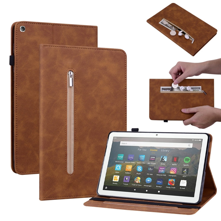 For Amazon Kindle Fire HD 8 Skin Feel Solid Color Zipper Leather Tablet Case