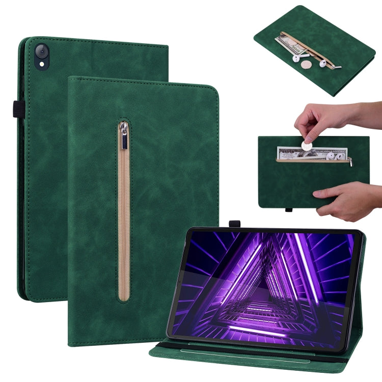 For Lenovo Tab K10 Skin Feel Solid Color Zipper Leather Tablet Case