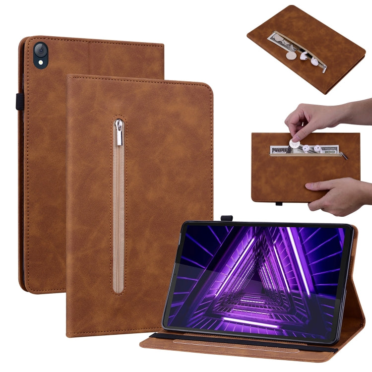 For Lenovo Tab K10 Skin Feel Solid Color Zipper Leather Tablet Case