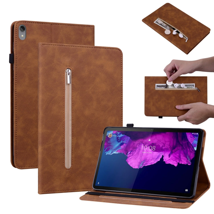 For Lenovo Tab P11 TB-J606F Skin Feel Solid Color Zipper Leather Tablet Case