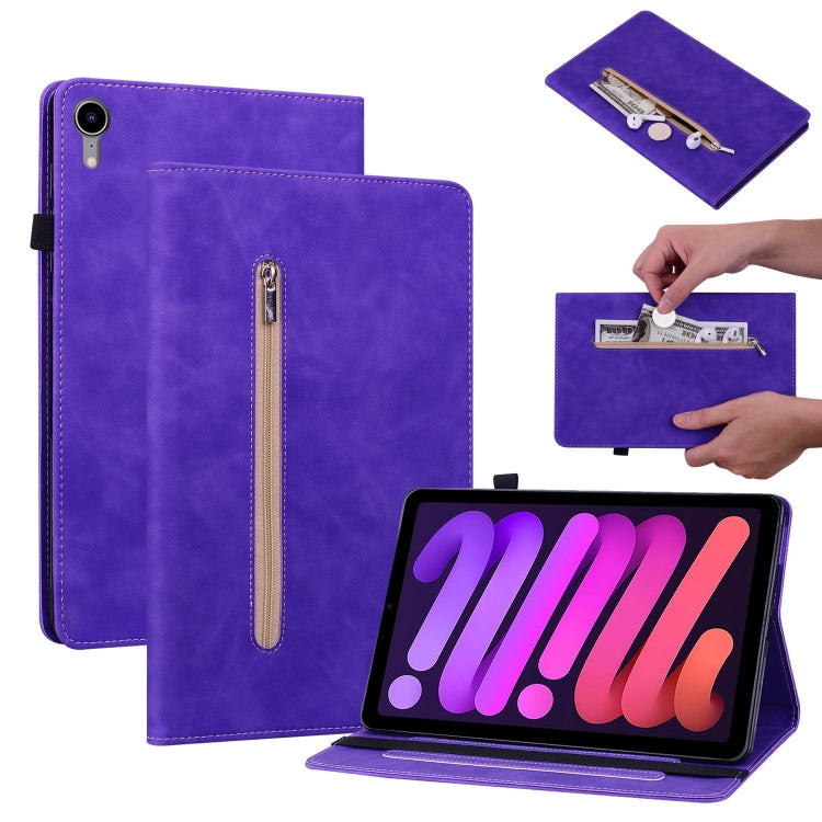 For iPad mini 6 Skin Feel Solid Color Zipper Smart Leather Tablet Case