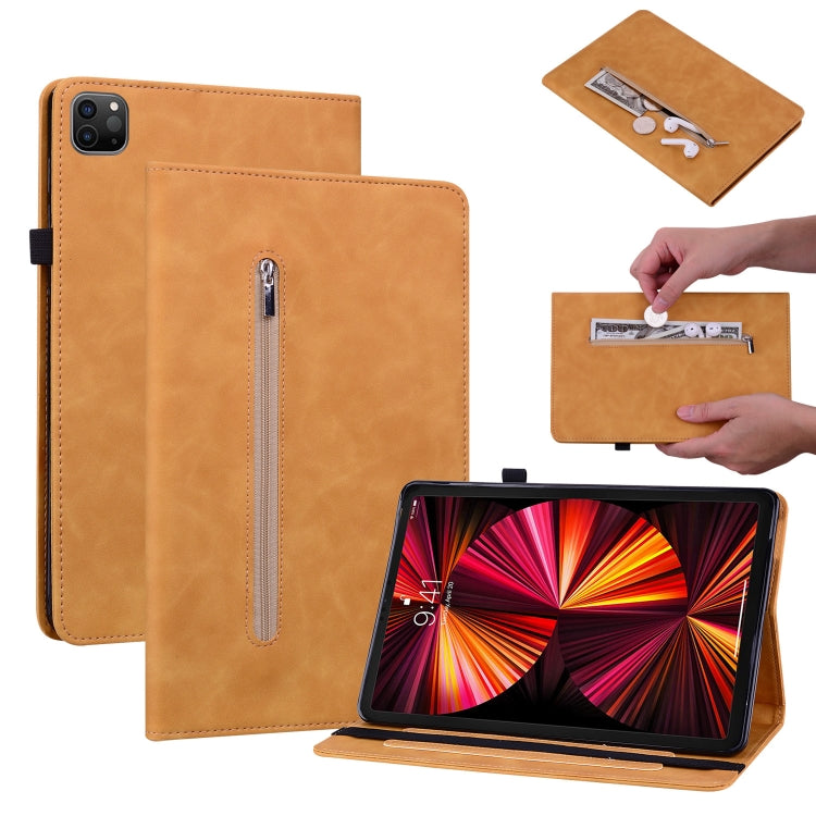 For iPad Pro 12.9 2022 / 2021 / 2020 Skin Feel Solid Color Zipper Smart Leather Tablet Case