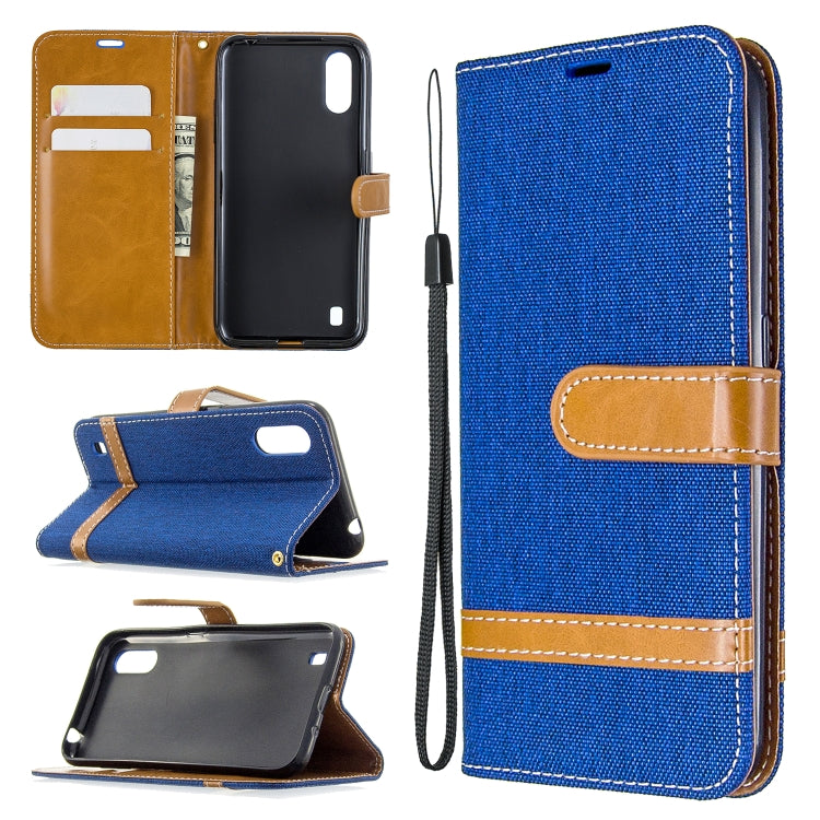 For Galaxy A01 Color Matching Denim Texture Horizontal Flip Leather Case with Holder & Card Slots & Wallet & Lanyard
