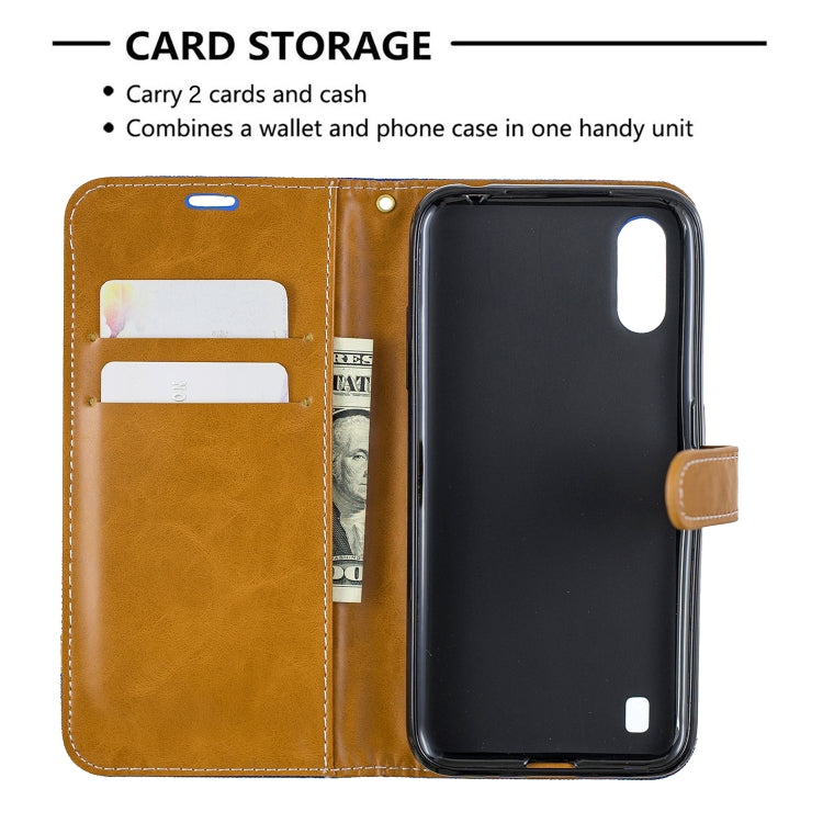 For Galaxy A01 Color Matching Denim Texture Horizontal Flip Leather Case with Holder & Card Slots & Wallet & Lanyard