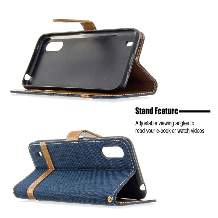 For Galaxy A01 Color Matching Denim Texture Horizontal Flip Leather Case with Holder & Card Slots & Wallet & Lanyard