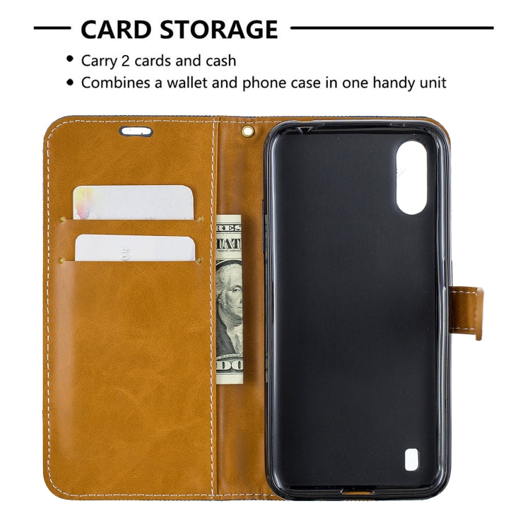 For Galaxy A01 Color Matching Denim Texture Horizontal Flip Leather Case with Holder & Card Slots & Wallet & Lanyard