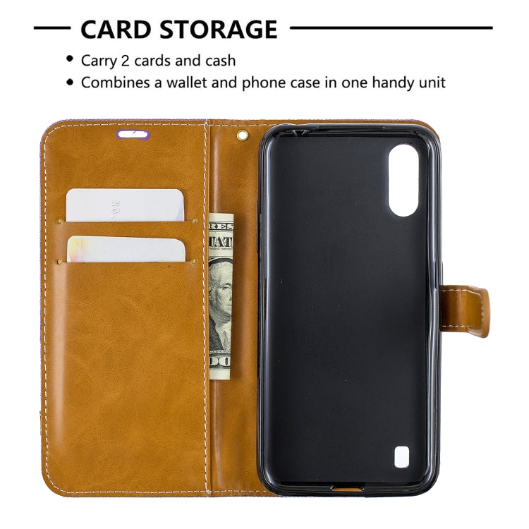 For Galaxy A01 Color Matching Denim Texture Horizontal Flip Leather Case with Holder & Card Slots & Wallet & Lanyard