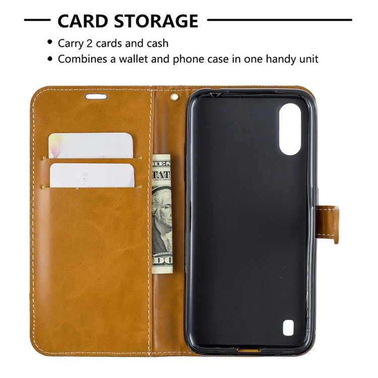 For Galaxy A01 Color Matching Denim Texture Horizontal Flip Leather Case with Holder & Card Slots & Wallet & Lanyard