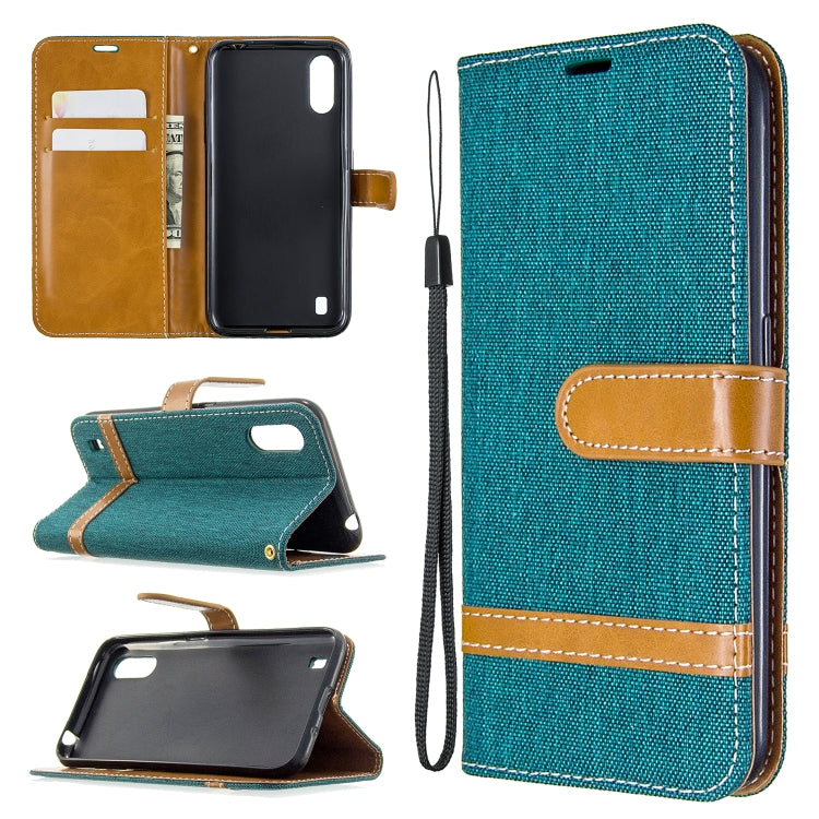 For Galaxy A01 Color Matching Denim Texture Horizontal Flip Leather Case with Holder & Card Slots & Wallet & Lanyard
