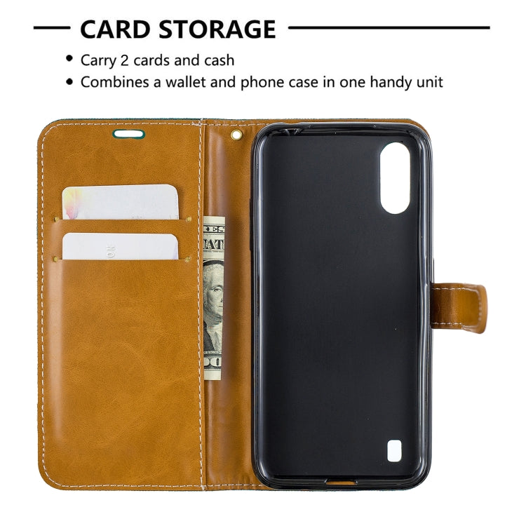 For Galaxy A01 Color Matching Denim Texture Horizontal Flip Leather Case with Holder & Card Slots & Wallet & Lanyard