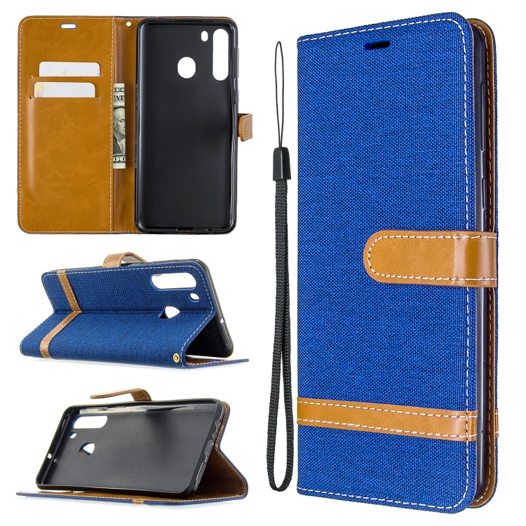 For Galaxy A21 Color Matching Denim Texture Horizontal Flip Leather Case with Holder & Card Slots & Wallet & Lanyard