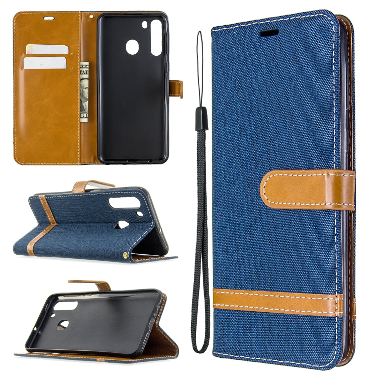For Galaxy A21 Color Matching Denim Texture Horizontal Flip Leather Case with Holder & Card Slots & Wallet & Lanyard