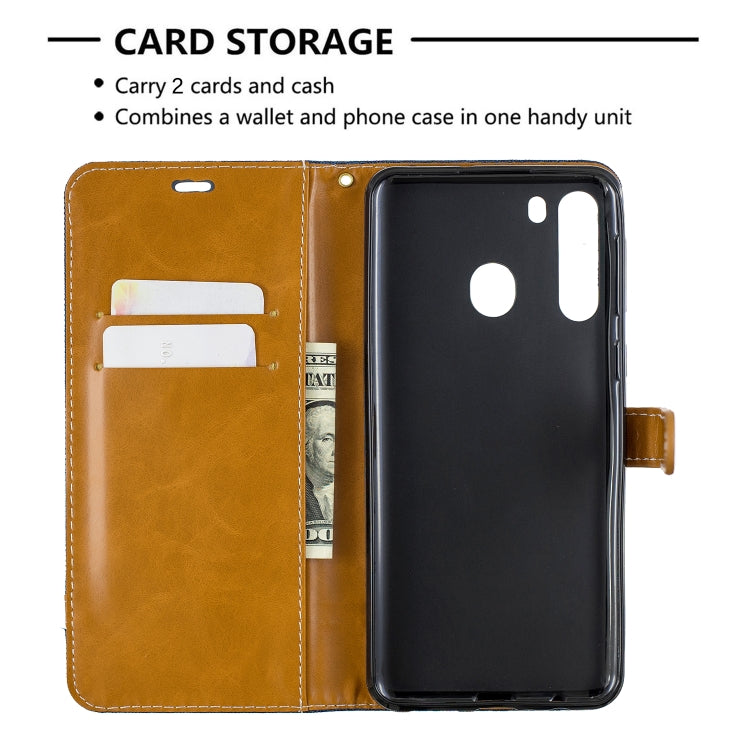 For Galaxy A21 Color Matching Denim Texture Horizontal Flip Leather Case with Holder & Card Slots & Wallet & Lanyard