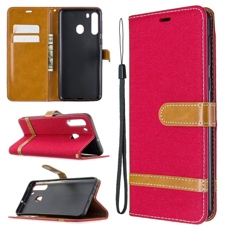 For Galaxy A21 Color Matching Denim Texture Horizontal Flip Leather Case with Holder & Card Slots & Wallet & Lanyard