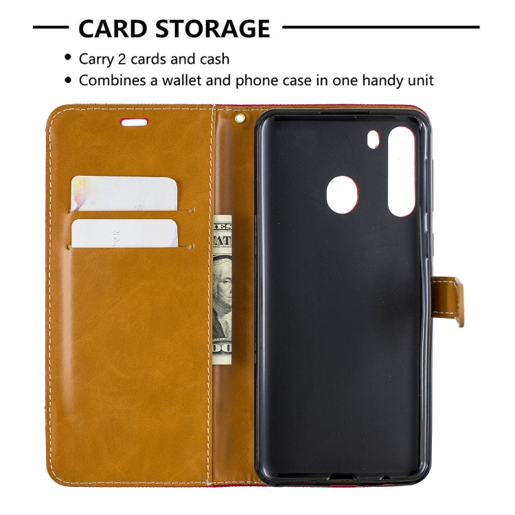 For Galaxy A21 Color Matching Denim Texture Horizontal Flip Leather Case with Holder & Card Slots & Wallet & Lanyard