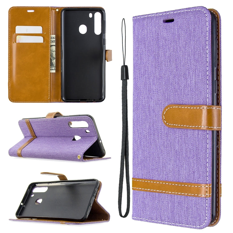 For Galaxy A21 Color Matching Denim Texture Horizontal Flip Leather Case with Holder & Card Slots & Wallet & Lanyard