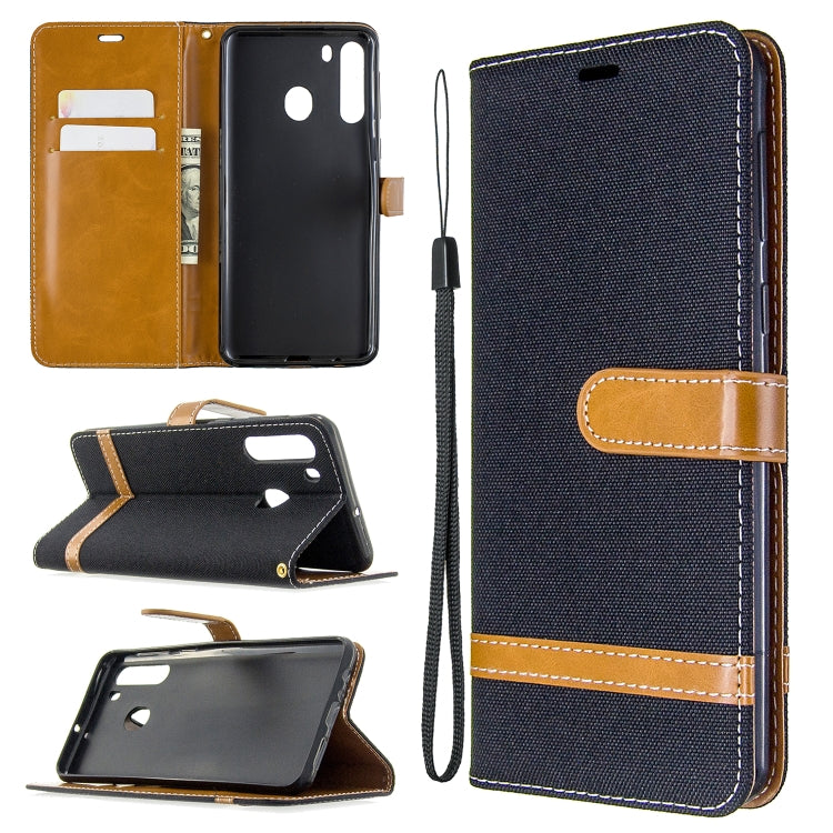 For Galaxy A21 Color Matching Denim Texture Horizontal Flip Leather Case with Holder & Card Slots & Wallet & Lanyard