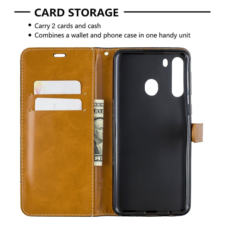 For Galaxy A21 Color Matching Denim Texture Horizontal Flip Leather Case with Holder & Card Slots & Wallet & Lanyard