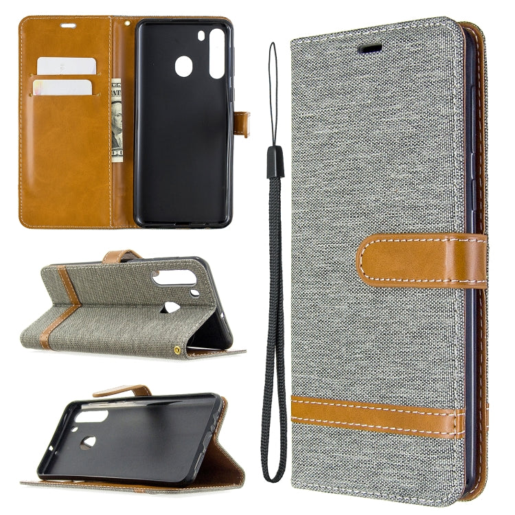 For Galaxy A21 Color Matching Denim Texture Horizontal Flip Leather Case with Holder & Card Slots & Wallet & Lanyard