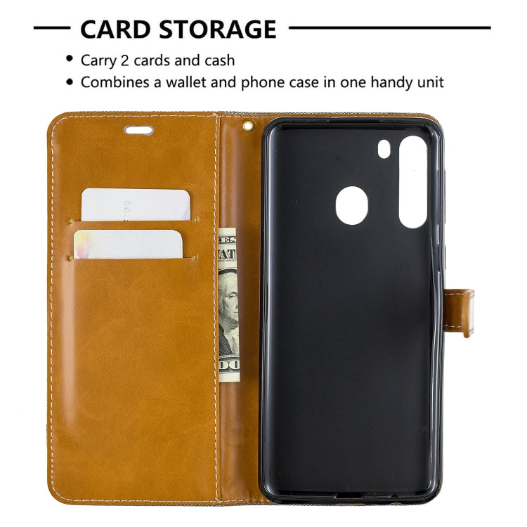 For Galaxy A21 Color Matching Denim Texture Horizontal Flip Leather Case with Holder & Card Slots & Wallet & Lanyard