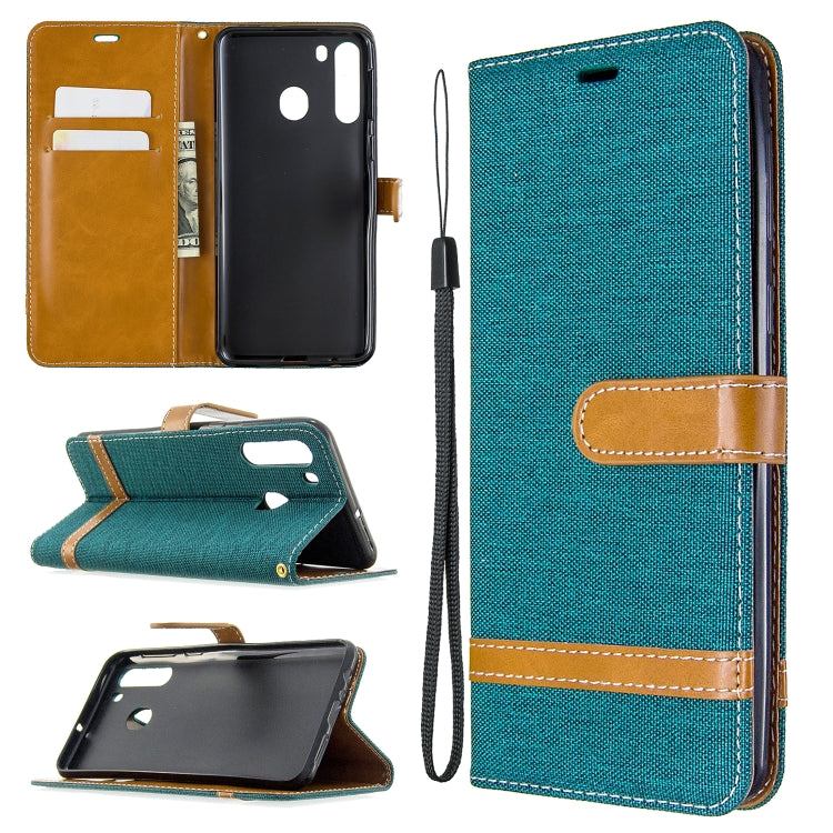 For Galaxy A21 Color Matching Denim Texture Horizontal Flip Leather Case with Holder & Card Slots & Wallet & Lanyard