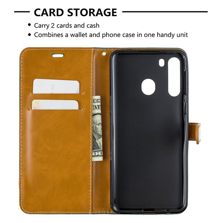 For Galaxy A21 Color Matching Denim Texture Horizontal Flip Leather Case with Holder & Card Slots & Wallet & Lanyard