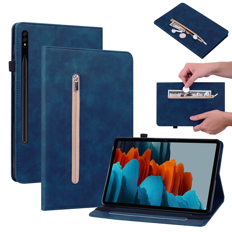 For Samsung Galaxy Tab S7 / S8 Skin Feel Solid Color Zipper Leather Tablet Case
