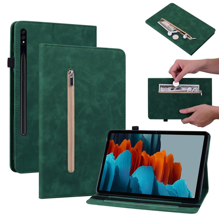 For Samsung Galaxy Tab S7 / S8 Skin Feel Solid Color Zipper Leather Tablet Case