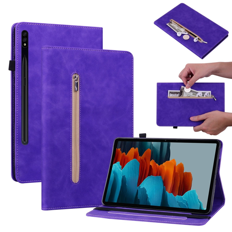 For Samsung Galaxy Tab S7 / S8 Skin Feel Solid Color Zipper Leather Tablet Case