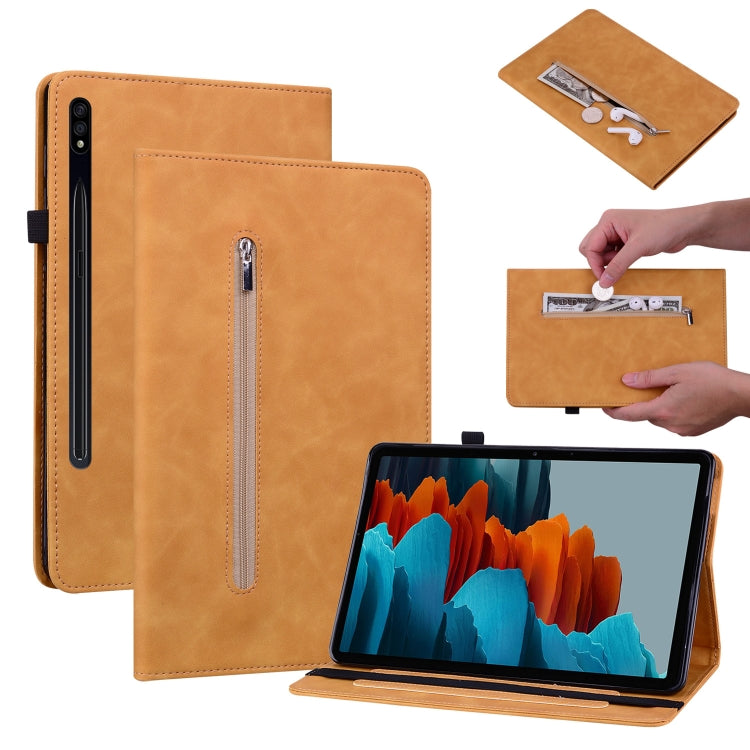 For Samsung Galaxy Tab S7 / S8 Skin Feel Solid Color Zipper Leather Tablet Case