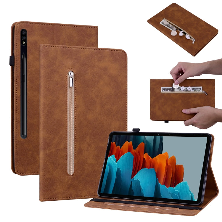 For Samsung Galaxy Tab S7 / S8 Skin Feel Solid Color Zipper Leather Tablet Case