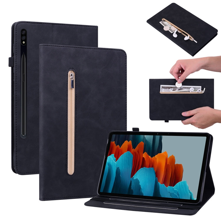 For Samsung Galaxy Tab S7+ / S8+ Skin Feel Solid Color Zipper Leather Tablet Case