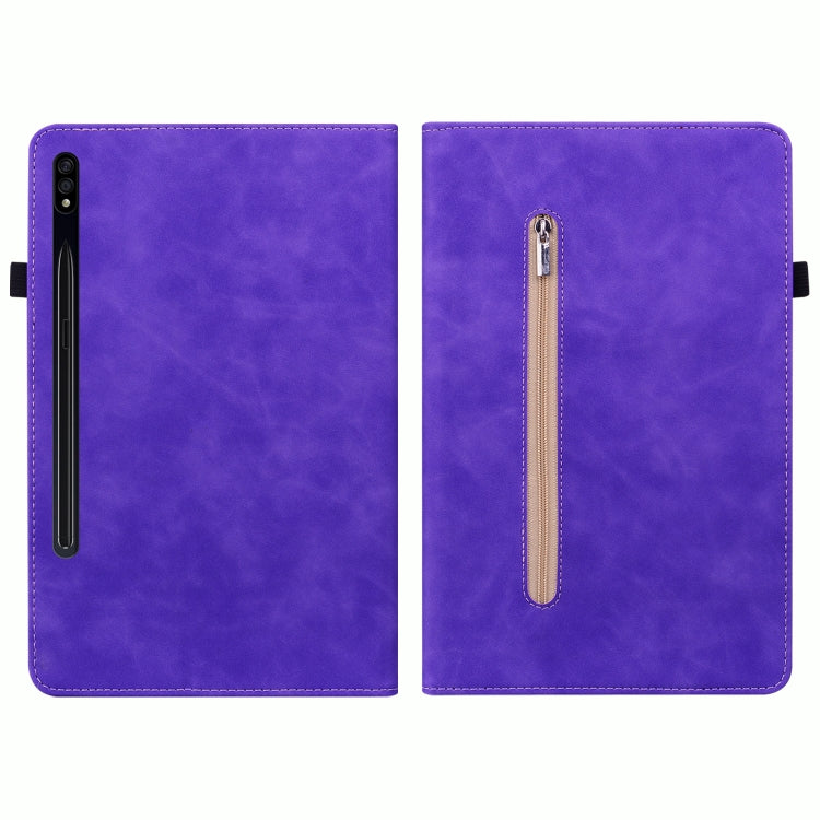 For Samsung Galaxy Tab S7+ / S8+ Skin Feel Solid Color Zipper Leather Tablet Case