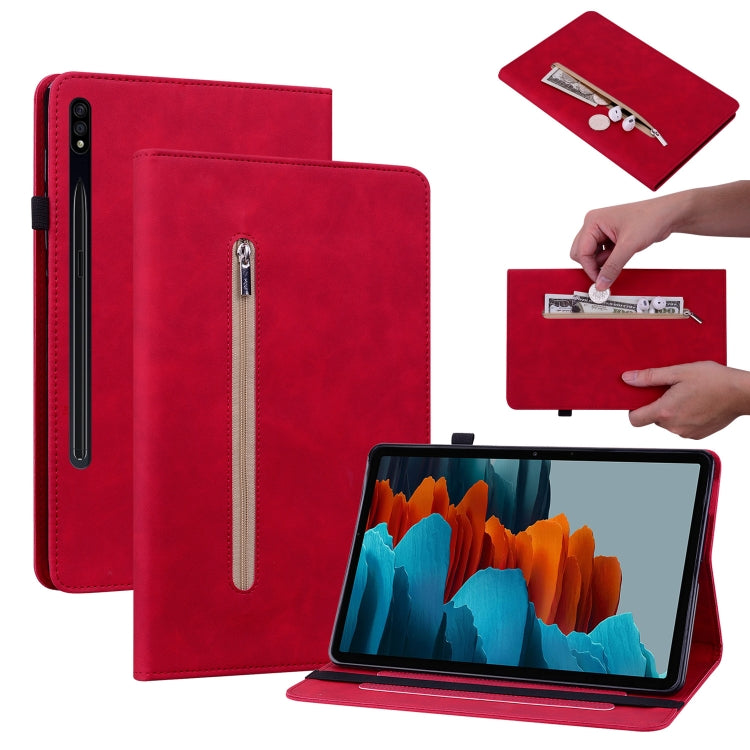 For Samsung Galaxy Tab S7+ / S8+ Skin Feel Solid Color Zipper Leather Tablet Case