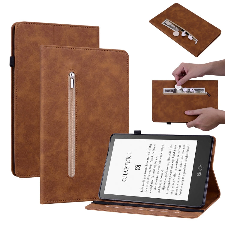 For Amazon Kindle Paperwhite 5 2021 Skin Feel Solid Color Zipper Smart Leather Tablet Case