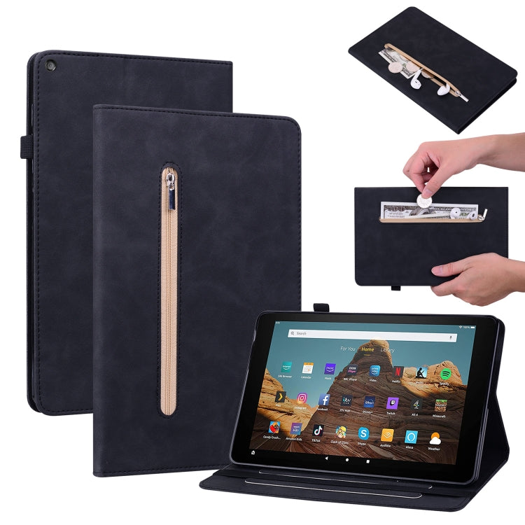 For Amazon Kindle HD 10 2019 / 2017 Skin Feel Solid Color Zipper Smart Leather Tablet Case