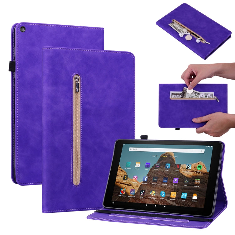 For Amazon Kindle HD 10 2019 / 2017 Skin Feel Solid Color Zipper Smart Leather Tablet Case