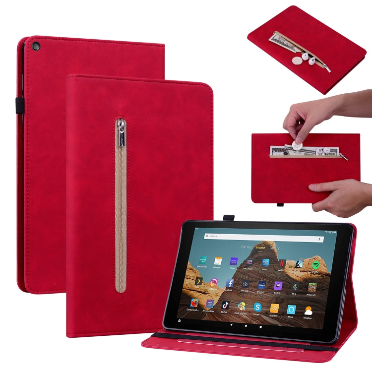 For Amazon Kindle HD 10 2019 / 2017 Skin Feel Solid Color Zipper Smart Leather Tablet Case