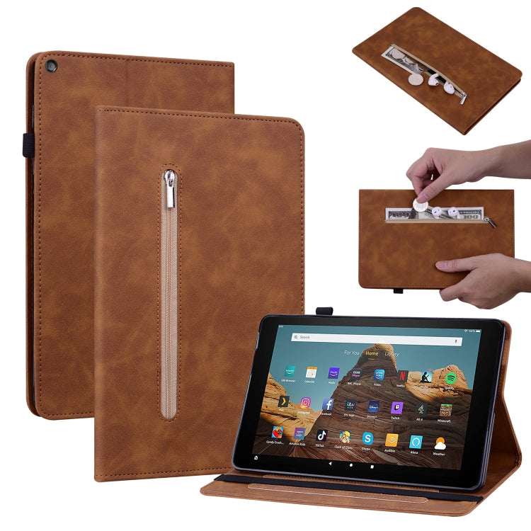 For Amazon Kindle HD 10 2019 / 2017 Skin Feel Solid Color Zipper Smart Leather Tablet Case