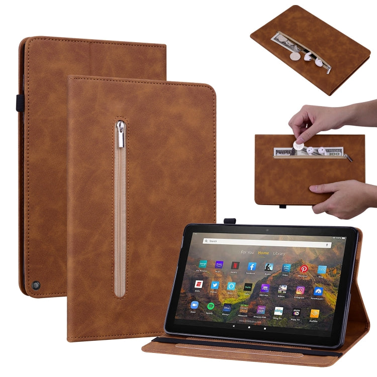 For Amazon Kindle HD 10 2021 / HD 10 Plus 2021 Skin Feel Solid Color Zipper Smart Leather Tablet Case