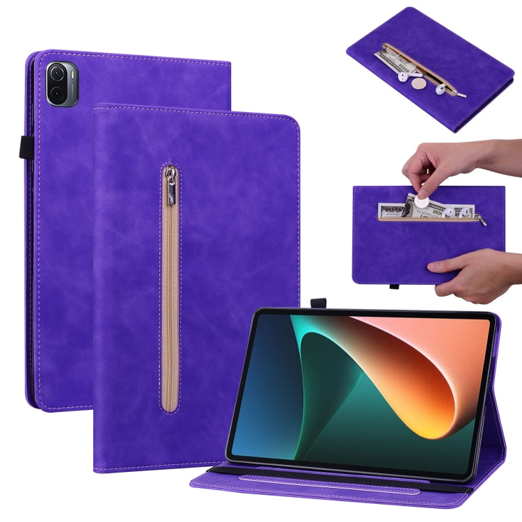For Xiaomi Pad 5 Pro / Pad 5 Skin Feel Solid Color Zipper Smart Leather Tablet Case