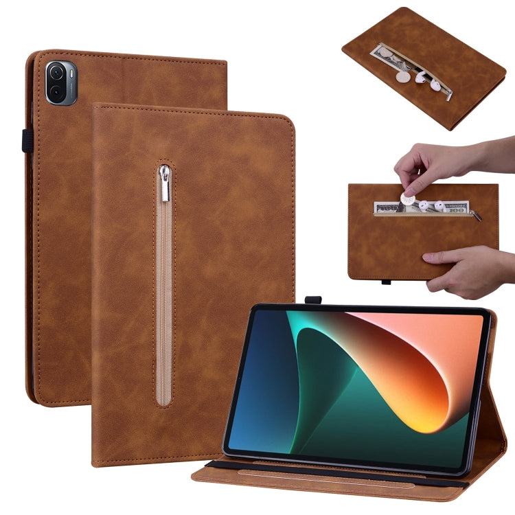 For Xiaomi Pad 5 Pro / Pad 5 Skin Feel Solid Color Zipper Smart Leather Tablet Case